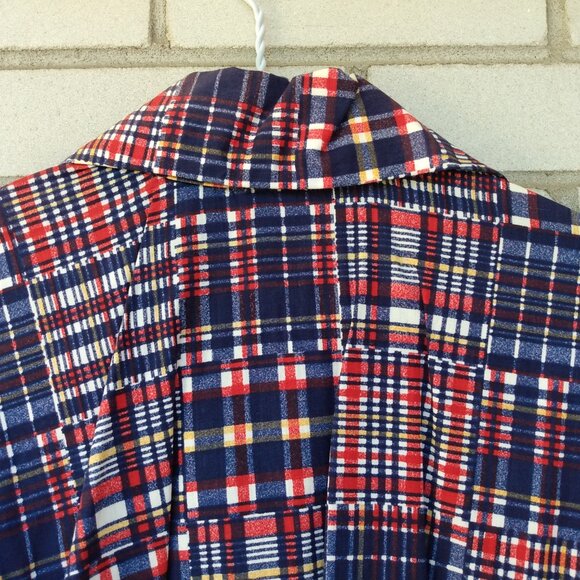 Vintage 60s 70s Plaid Patchwork Shirt 43"B Butterfly Collar Moonglow Buttons - Picture 12 of 12